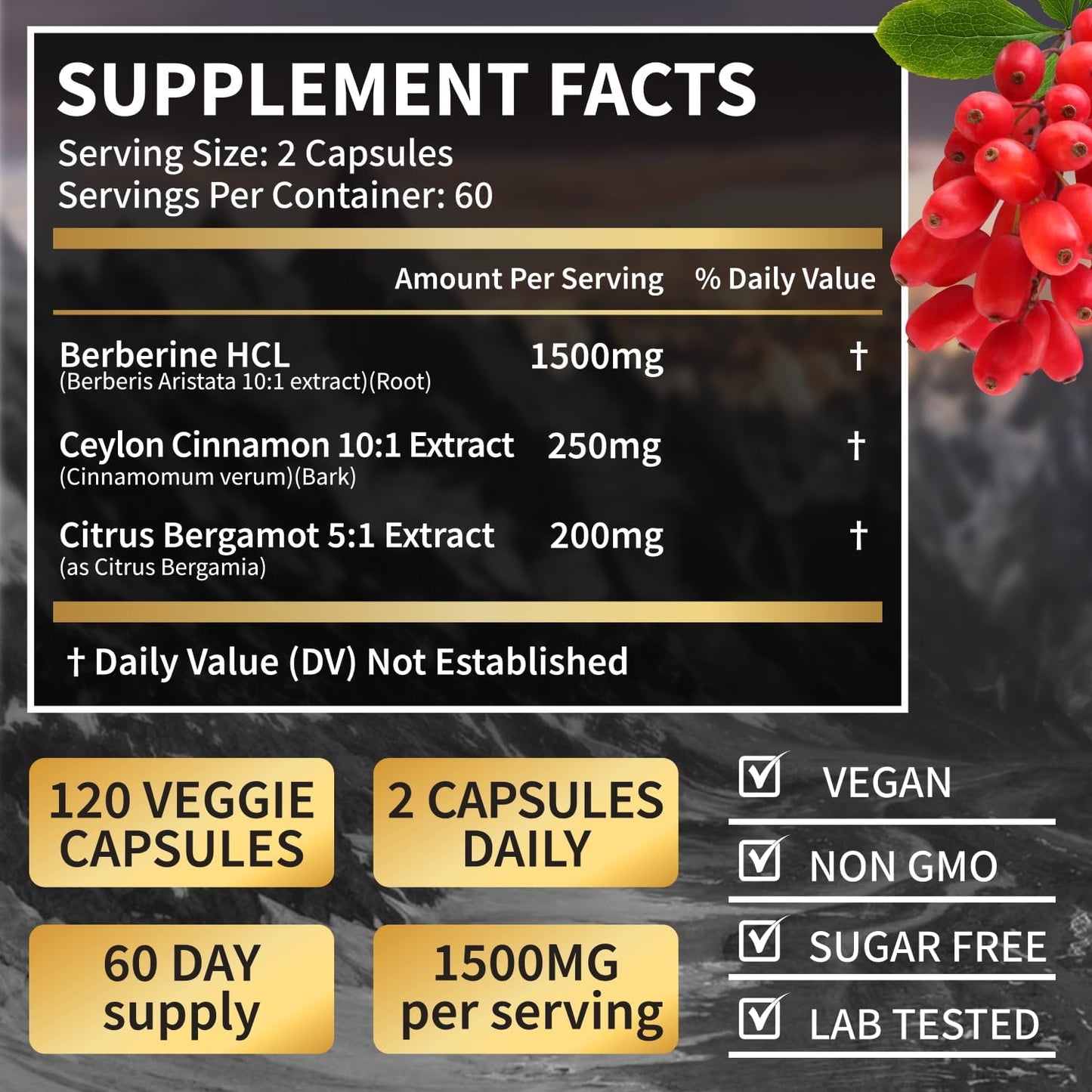 Berberine HCL 1500mg with Ceylon Cinnamon & Citrus Bergamot - Triple Action Metabolic Support, Vegan Capsules (120 Count) - görsel 2