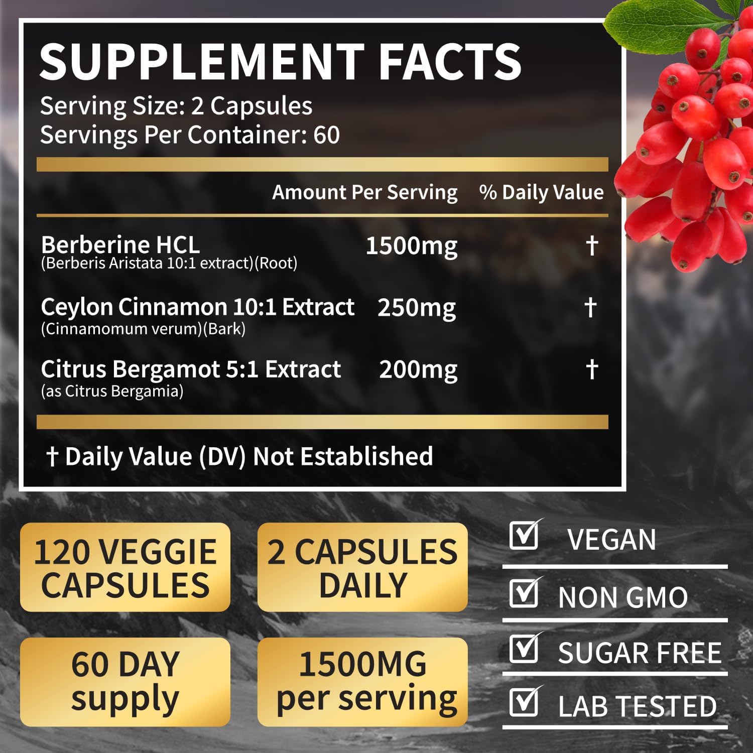 Berberine HCL 1500mg with Ceylon Cinnamon & Citrus Bergamot - Triple Action Metabolic Support, Vegan Capsules (120 Count) - görsel 2