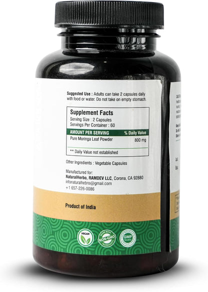 Pure Moringa Capsules - Pure Moringa Leaf Extract for Natural Energy, Digestion & Daily Wellness | Green Superfood Supplement | Vegan, Non-GMO, Gluten-free | 120 Capsules (800mg)