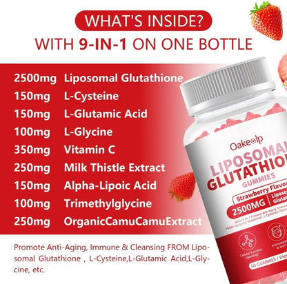 Extra Powerful 2500mg Liposomal Glutathione Gummies for Skin Radiance, Enhanced Absorption – Complex with L-Cysteine, L-Glycine, Milk Thistle for Liver Health, Antioxidant Support for Healthy Ageing