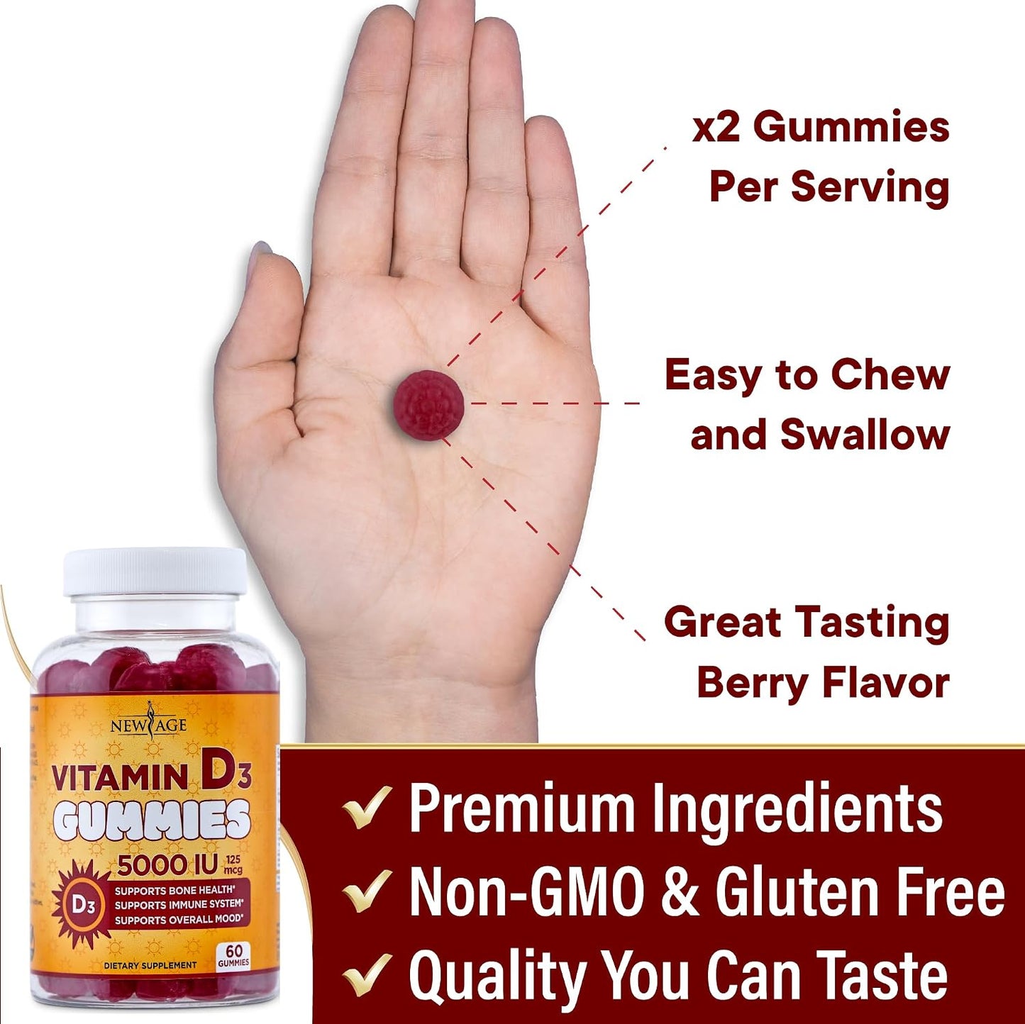 NEW AGE Vitamin D3 5000 IU Gummies - Immune Support - Non-GMO, Gluten-Free, Dairy-Free - 120 Gummies (Pack of 2) - görsel 5