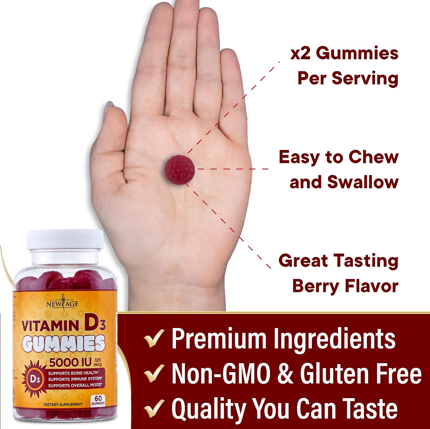 NEW AGE Vitamin D3 5000 IU Gummies - Immune Support - Non-GMO, Gluten-Free, Dairy-Free - 120 Gummies (Pack of 2) - görsel 5