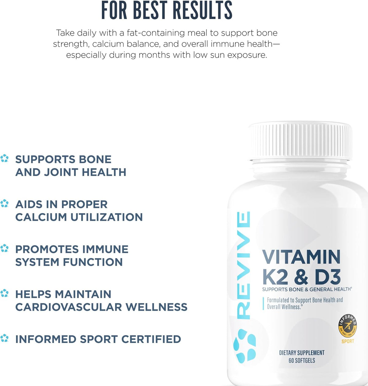 REVIVE MD Vitamin D3 & K2 Supplement for Men and Women, 5000 IU - Doctor Formulated K2 & D3 Vitamin Supplement Supports Bone Health & Muscle Strength - Immune & Cardiovascular Support (60 Servings) - görsel 5