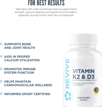 REVIVE MD Vitamin D3 & K2 Supplement for Men and Women, 5000 IU - Doctor Formulated K2 & D3 Vitamin Supplement Supports Bone Health & Muscle Strength - Immune & Cardiovascular Support (60 Servings)