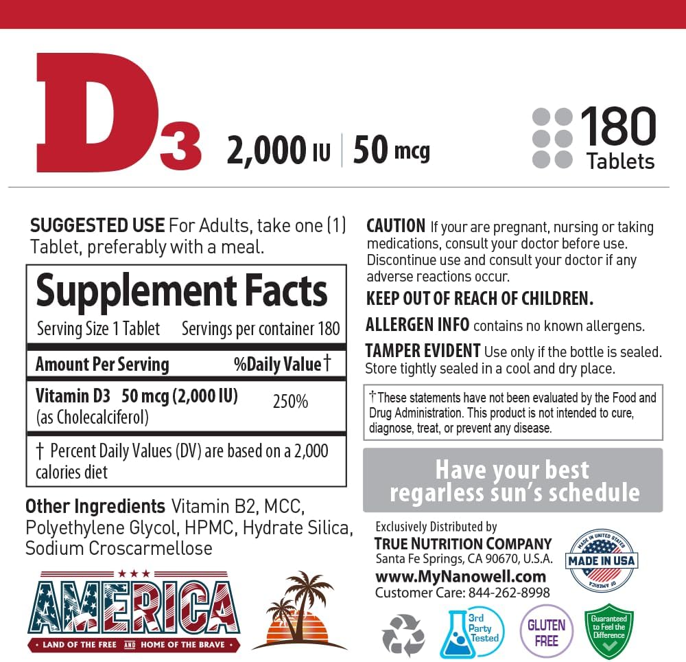 NANOWELL Vitamin D3 2000 IU (50 mcg) – Bone, Muscle Health and Immune Support Supplement – 180 Tablets, 180-Day Supply - görsel 4