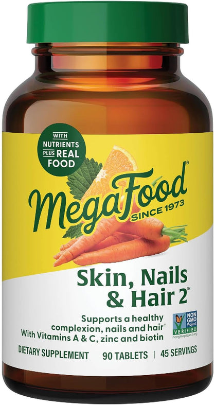 MegaFood Skin, Nails & Hair 2 - Vitamins for Men and Women - Biotin, Vitamin A, Vitamin C, Zinc, Vitamin B6, Vitamin E, Pantothenic Acid - Vegan - Made Without 9 Food Allergens - 90 Tablets (45 Servings)