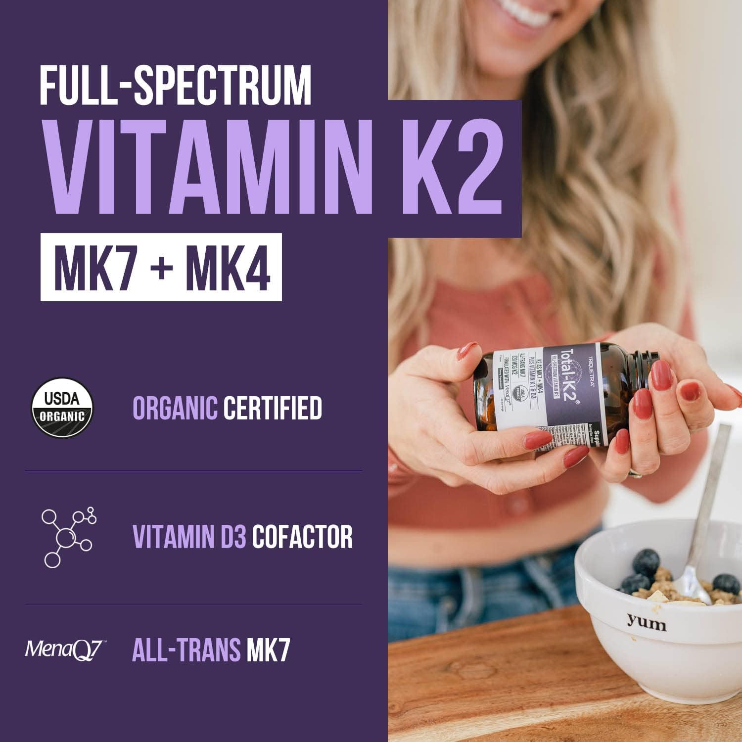 Total K2® | Vitamin K2 as MK7 & MK4 | Plus K1 & Vitamin D3 Cofactor - 620 mcg K2 per Serving - All-Trans MK7 from MenaQ7® - Full-Spectrum Vitamin K - Vegan, Organic Certified (60 Capsules) - görsel 2
