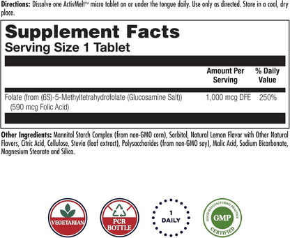 KAL Methyl Folate 1000 µg - Active 5-MTHF Supplement, Vegetarian Micro Tablets, Natural Lemon - 60 Count