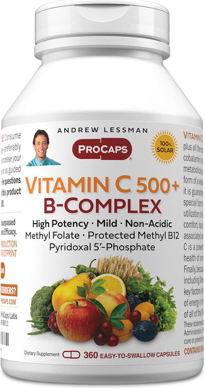 ANDREW LESSMAN Vitamin C 500 Plus B-Complex 360 Capsules - Non-Acidic Vitamin C Plus Citrus Bioflavonoids for Immune System and Antioxidant Support. Easy-to-Swallow Capsules. No Additives