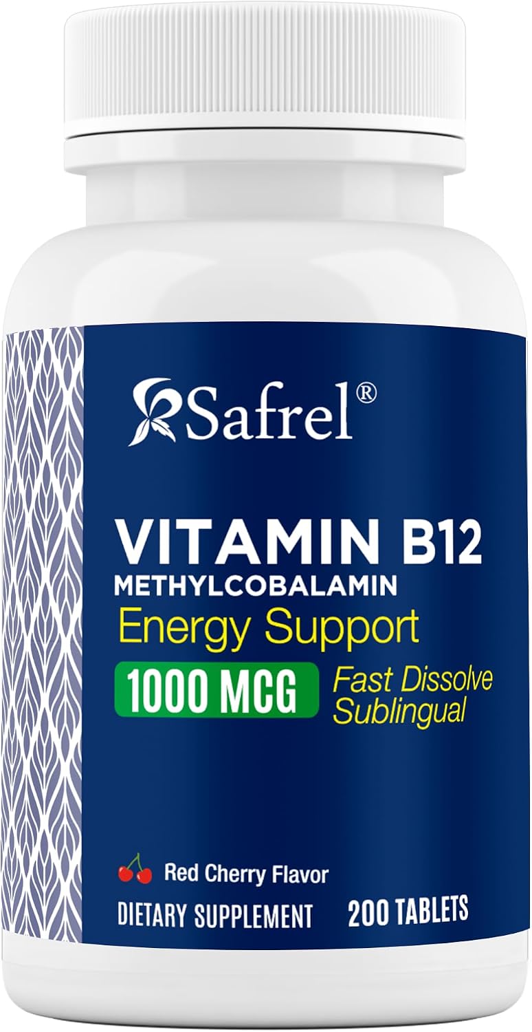 Safrel | Vitamin B12 Methylcobalamin | 1000 mcg | Fast Dissolve Tablets | 200 Count | Supports Normal Energy-Yielding Metabolism | Sublingual, Cherry Flavour, 200 Day Supply - görsel 1