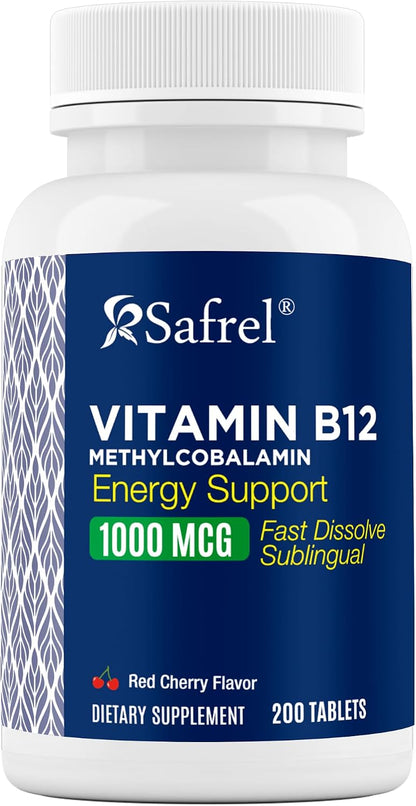 Safrel | Vitamin B12 Methylcobalamin | 1000 mcg | Fast Dissolve Tablets | 200 Count | Supports Normal Energy-Yielding Metabolism | Sublingual, Cherry Flavour, 200 Day Supply