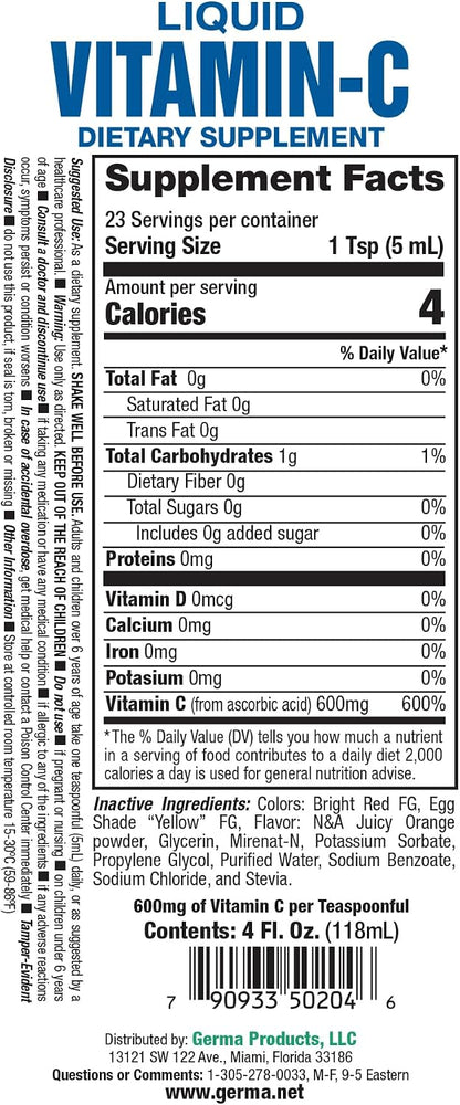 Germa Sugar-Free Liquid Vitamin C 500 mg - Fast Absorption Food Supplement - Immune Support - 118 ml