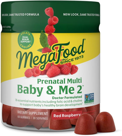 MegaFood Baby & Me 2 Prenatal Vitamins for Women Gummies with Folic Acid and Choline for Baby’s Development; Plus Real Fruit - Red Raspberry Flavour - 60 Gummies (30 Servings)