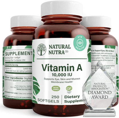 Natural Nutra Vitamin A 10,000 IU Softgels – High Potency Eye and Skin Vitamin Supplement – Gluten-Free – 250 Softgels (2 Pack)