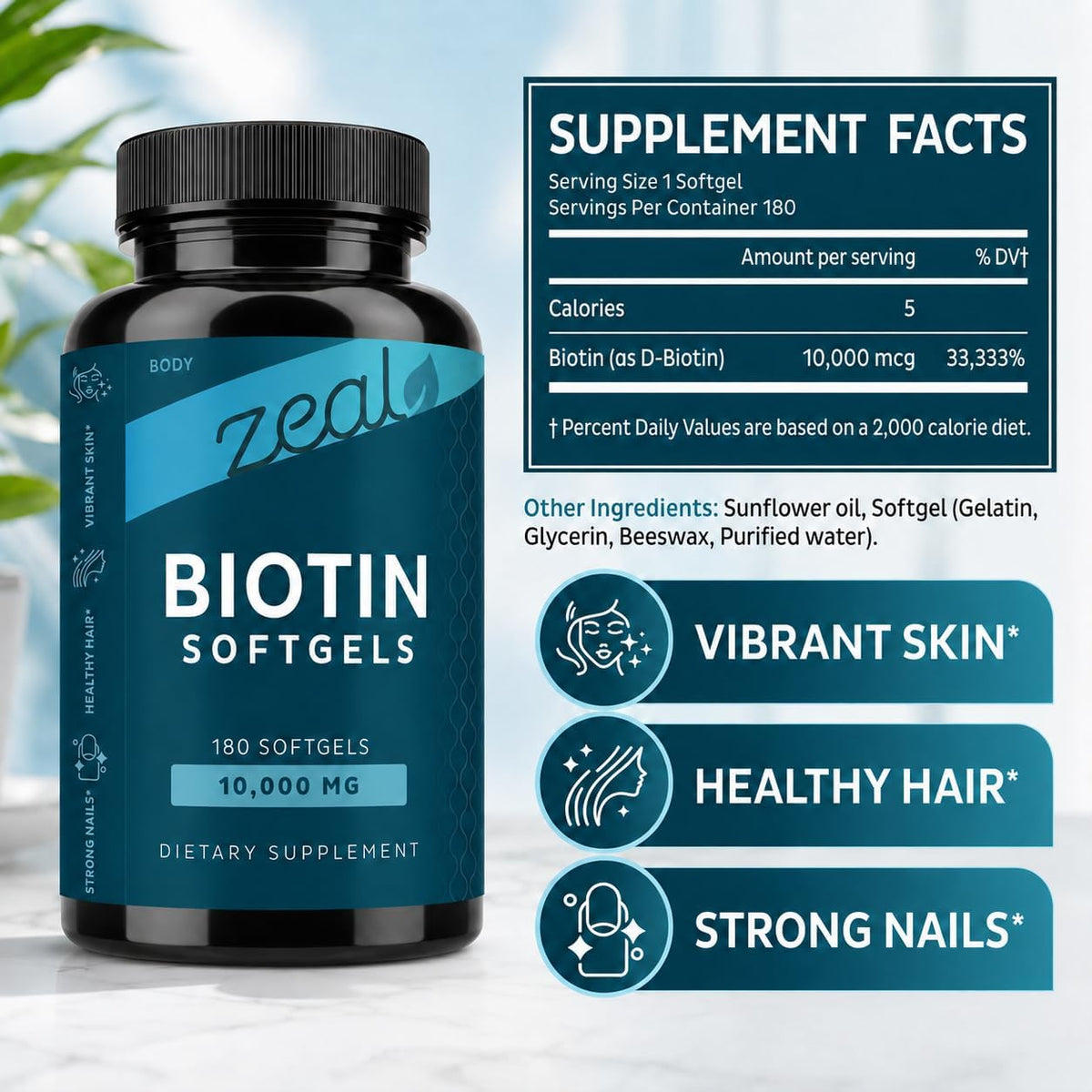 Zeal Biotin 10000mcg Oil Softgels - Hair, Skin & Nails Support - 180 Softgels - görsel 2