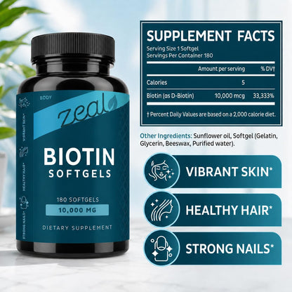 Zeal Biotin 10000mcg Oil Softgels - Hair, Skin & Nails Support - 180 Softgels