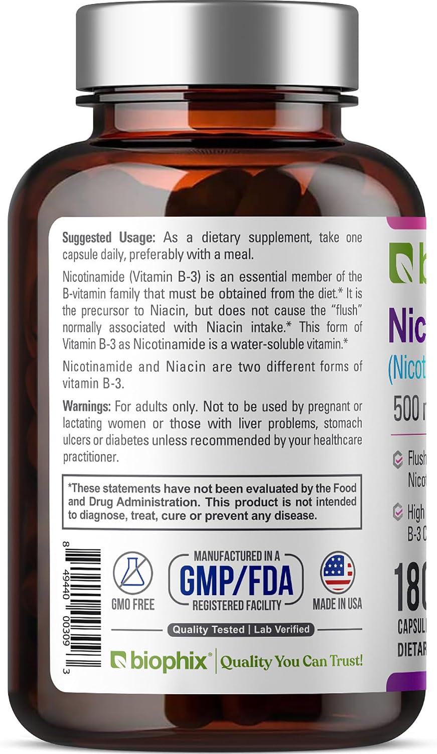 Biophix B-3 Nicotinamide 500 mg – 180 Capsules – Flush-Free Niacin Supplement - görsel 9