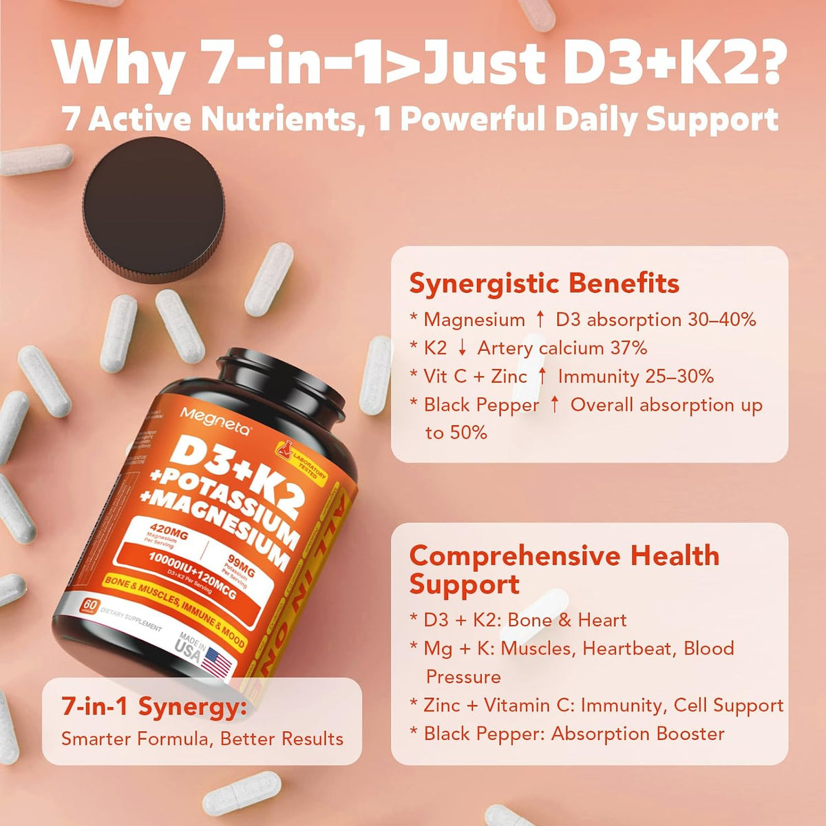 Vitamin D3 K2 (MK-7) 10,000 IU with Magnesium Glycinate & Potassium Supplement - High Absorption, 60 Capsules - görsel 4