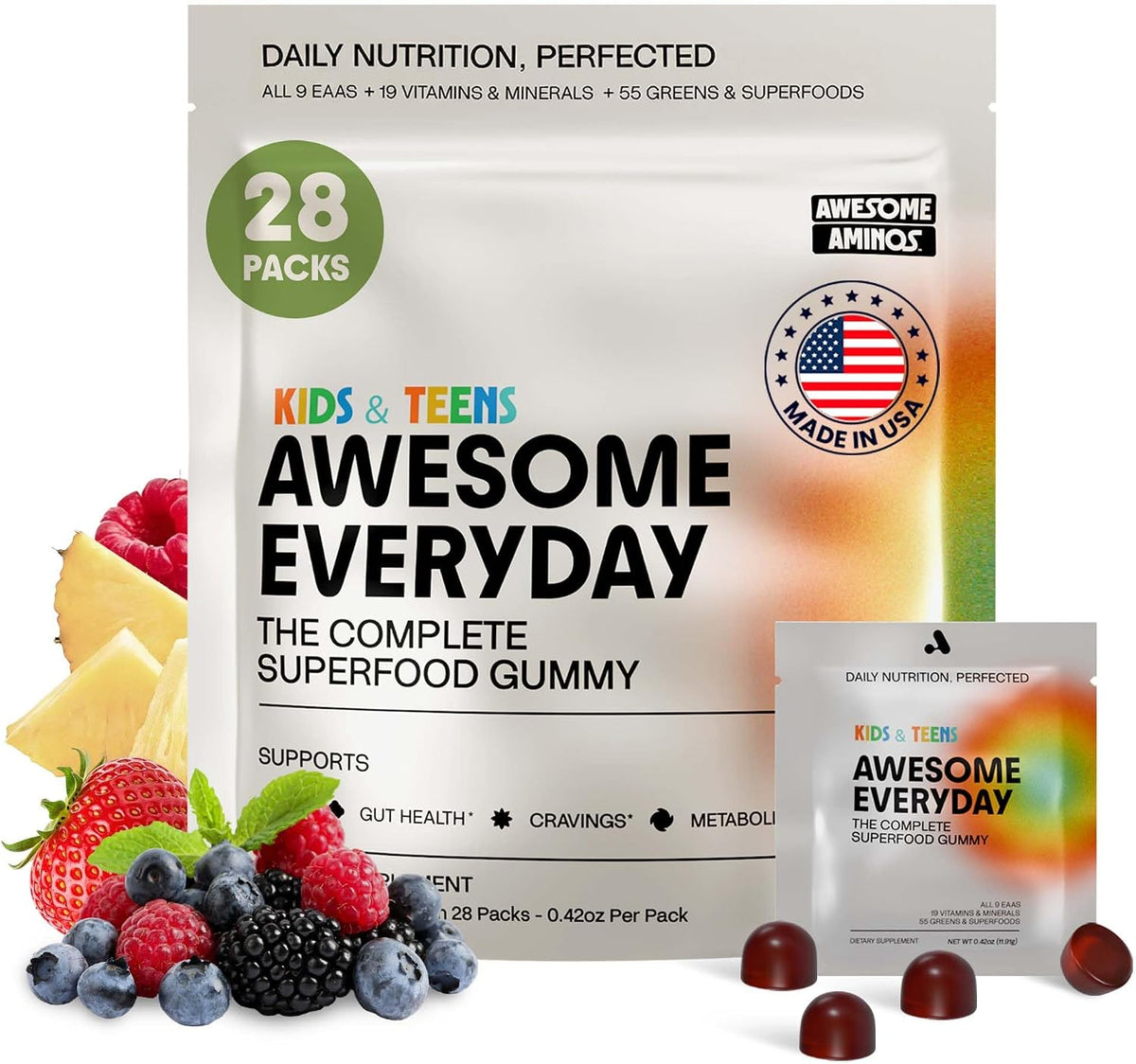 Awesome Everyday Essential Daily Nutrition Gummies - 9 Essential Amino Acids + Vitamins, Minerals & Organic Greens and Superfoods - Fermented Nutrition for Energy, Brain & Immunity – Children – 28 Count - görsel 1