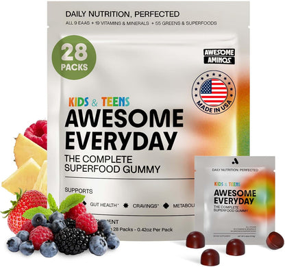Awesome Everyday Essential Daily Nutrition Gummies - 9 Essential Amino Acids + Vitamins, Minerals & Organic Greens and Superfoods - Fermented Nutrition for Energy, Brain & Immunity – Children – 28 Count