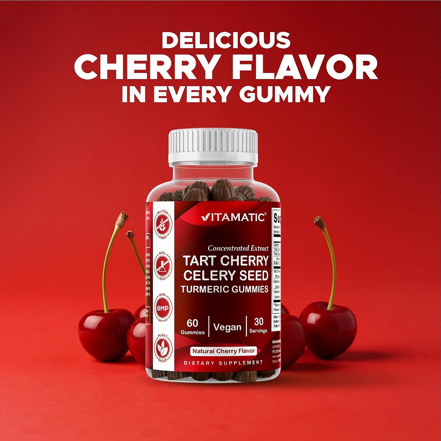 Vitamatic Tart Cherry Gummies with Celery Seed & Turmeric - 3-in-1 Formula, 60 Gummies (Pack of 2) - görsel 5