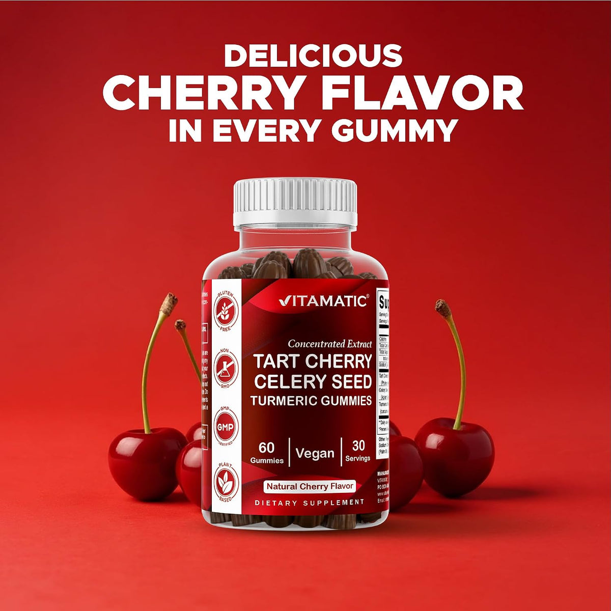 Vitamatic Tart Cherry Gummies with Celery Seed & Turmeric - 3-in-1 Formula, 60 Gummies (Pack of 2) - görsel 5