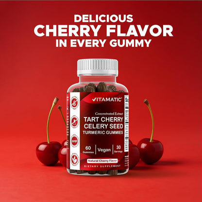 Vitamatic Tart Cherry Gummies with Celery Seed & Turmeric - 3-in-1 Formula, 60 Gummies (Pack of 2)