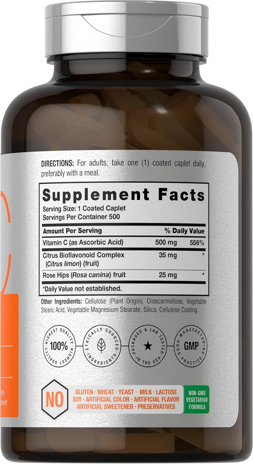 Horbäach Vitamin C 500mg | 500 Caplets | with Bioflavonoids and Rose Hips | Supplement for Women and Men | Vegetarian, Non-GMO, and Gluten-Free - görsel 2