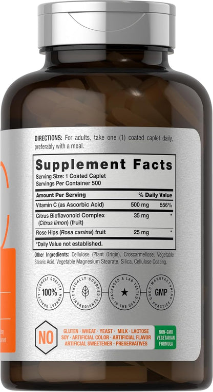 Horbäach Vitamin C 500mg | 500 Caplets | with Bioflavonoids and Rose Hips | Supplement for Women and Men | Vegetarian, Non-GMO, and Gluten-Free