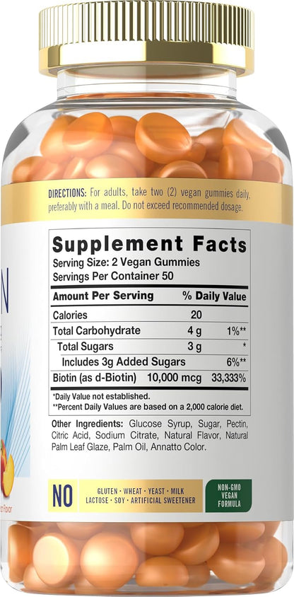 Carlyle Biotin 10000mcg Gummies – 100 Count, Peach Flavour, Vegan, Non-GMO, Gluten-free