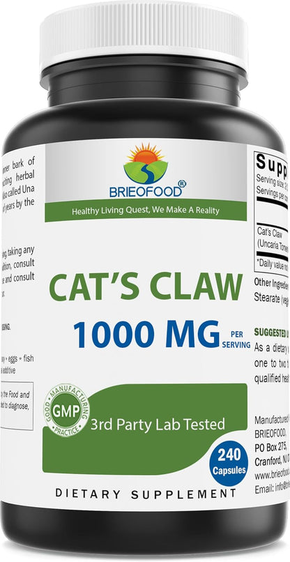 Brieofood Cat's Claw 1000 mg per Serving - 240 Capsules - Non-GMO, Gluten-free