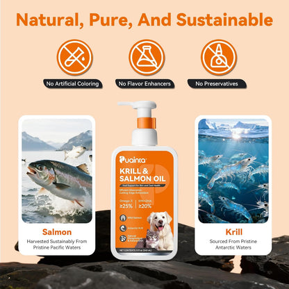 PUAINTA Omega-3 Fish Oil for Dogs and Cats – Wild Icelandic Salmon Oil and Antarctic Krill Oil, 237 ml