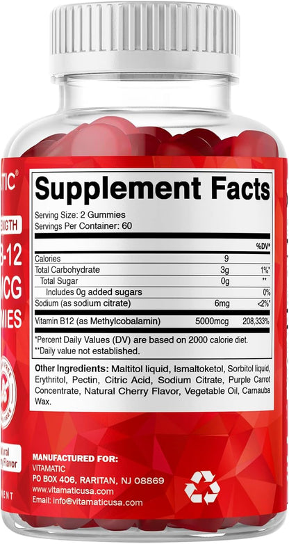 Vitamatic Extra Strength Vitamin B12 5000 mcg (Methyl B12) Gummies – Natural Cherry Flavour – 120 Count