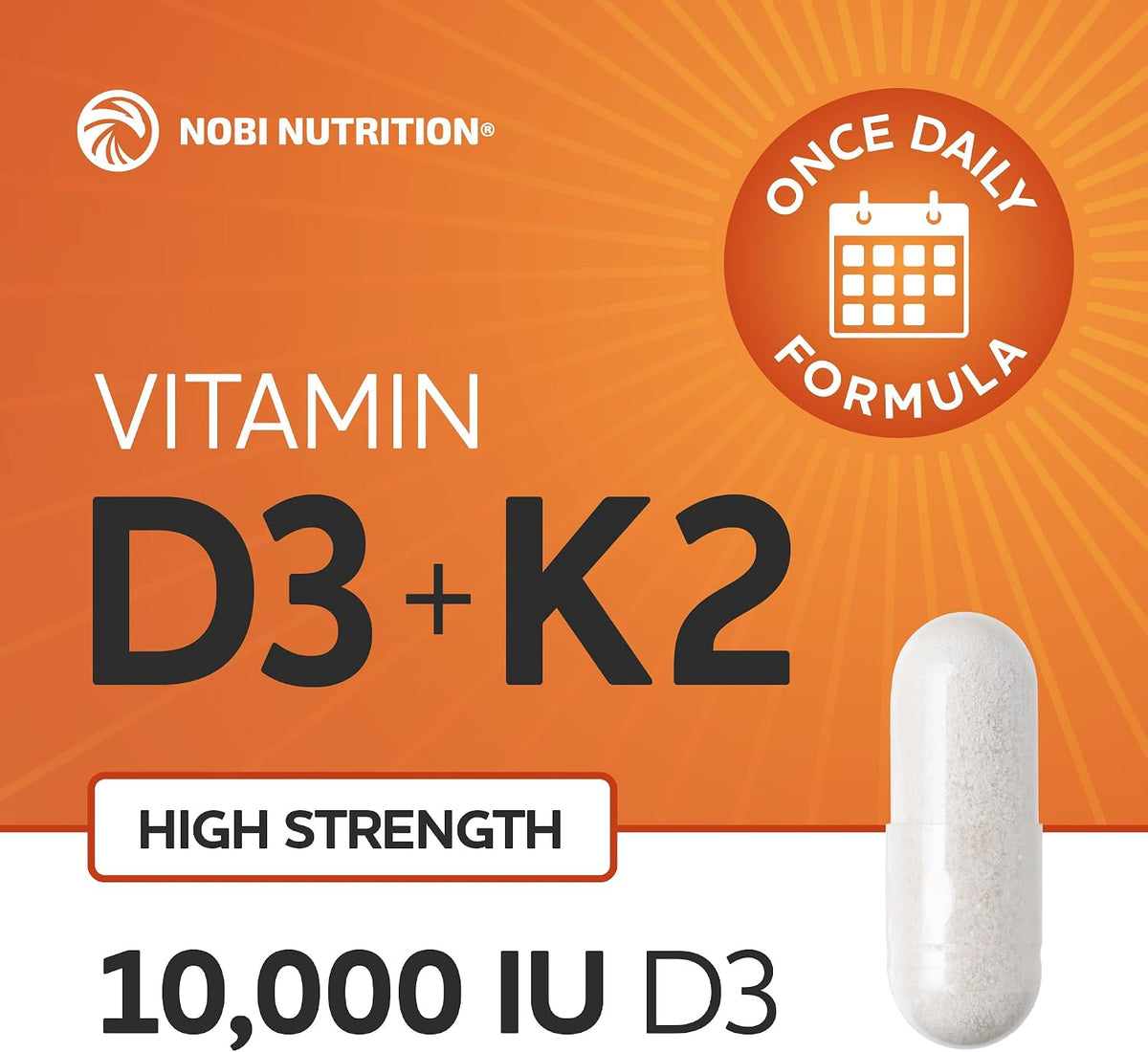 Nobi Nutrition Vitamin D3 K2 – 10,000 IU D3 + 200 mcg K2 (MK-7) – Bone, Immune & Calcium Utilisation Support – 60 Capsules - görsel 2