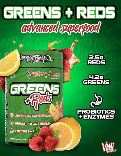 VMI Sports Greens + Reds Advanced Superfood - Immunity & Gut Health with Enzymes & Probiotics, 30 Servings (Raspberry Lemonade)