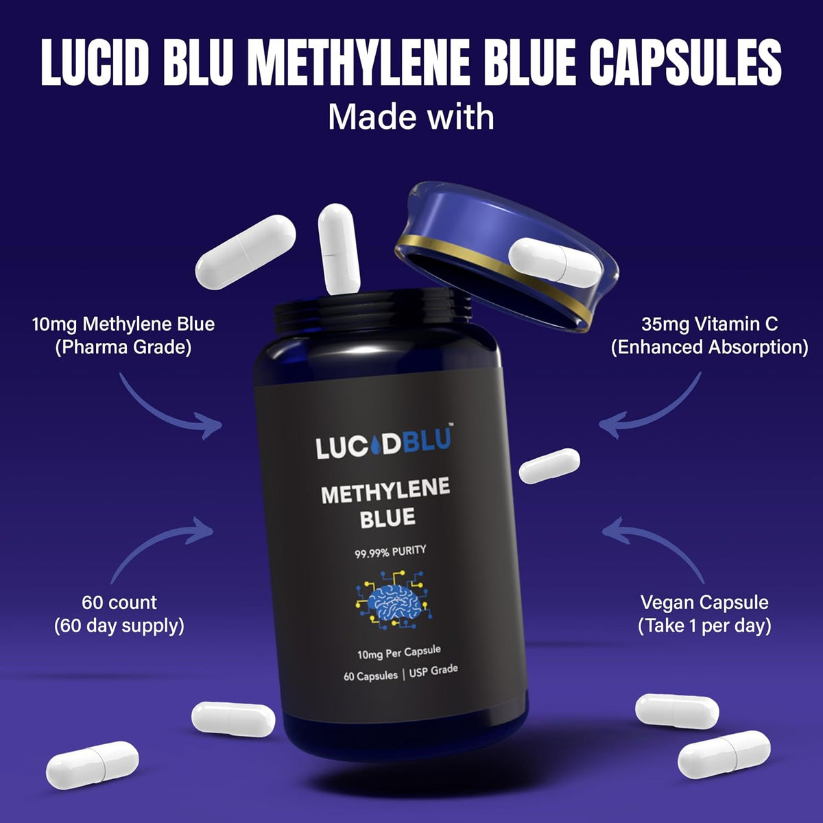 Methylene Blue Capsules (USP) - 10mg with Vitamin C - 99.99% Purity - Lucid Blu - görsel 7