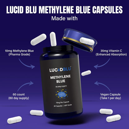 Methylene Blue Capsules (USP) - 10mg with Vitamin C - 99.99% Purity - Lucid Blu