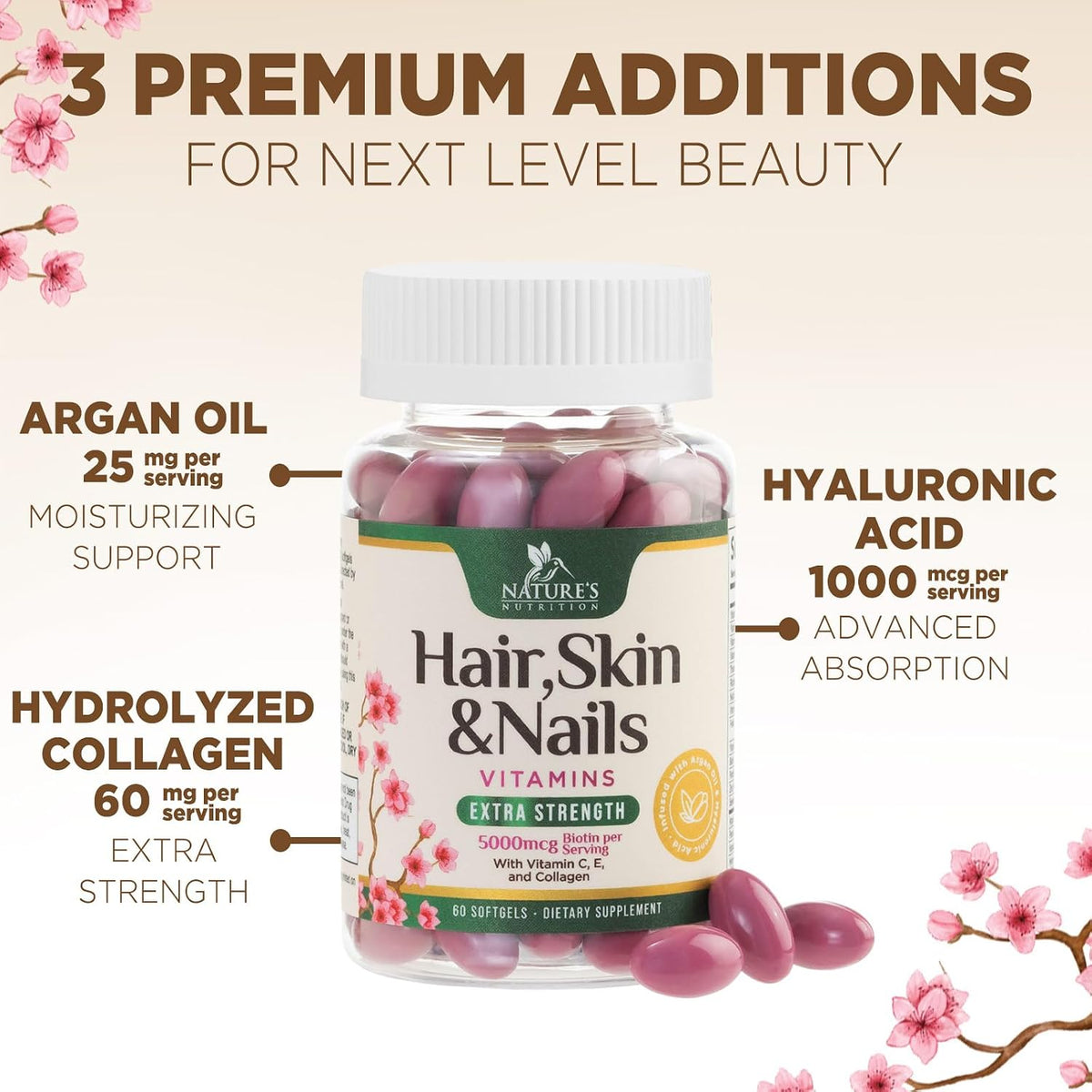 Nature's Nutrition Hair, Skin and Nails Vitamins - Biotin 5000mcg with Collagen, Argan Oil & Hyaluronic Acid - 60 Soft gel capsules - görsel 5