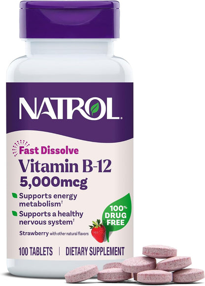Natrol B12 5000 µg Fast Dissolve Tablets, Energy Metabolism Support, 200 Count