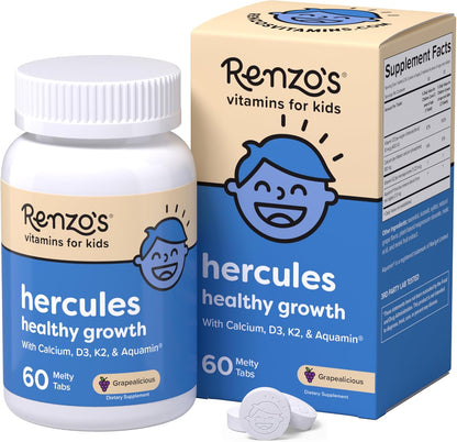 Renzo's Hercules Healthy Growth Calcium Supplement with Vitamin D3, K2 & Aquamin - Sugar-Free Dissolvable Tablets for Children Aged 2+ - Grape Flavour (60 Count)