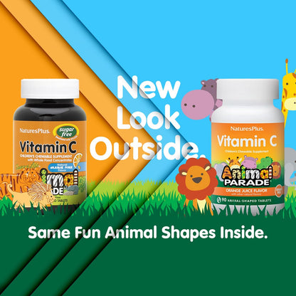 NaturesPlus Animal Parade Sugar-Free Children's Vitamin C, Natural Orange Juice Flavour - 90 Chewable Tablets (Pack of 2)