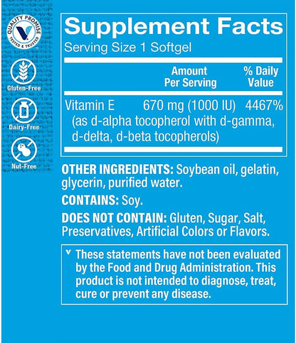 The Vitamin Shoppe Vitamin E 1,000 IU – Antioxidant Support for Skin Health & Cell Protection, Daily Vitamin (240 Softgels)
