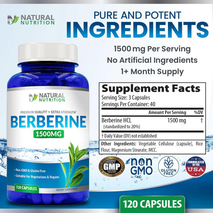 Natural Vitamin Extra Strength Berberine HCL 1500mg – 120 Capsules