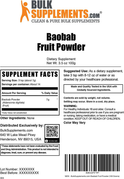 BulkSupplements.com Baobab Fruit Powder - Antioxidant Supplement, Gluten-free, 7g per Serving, 100g (3.5 oz)