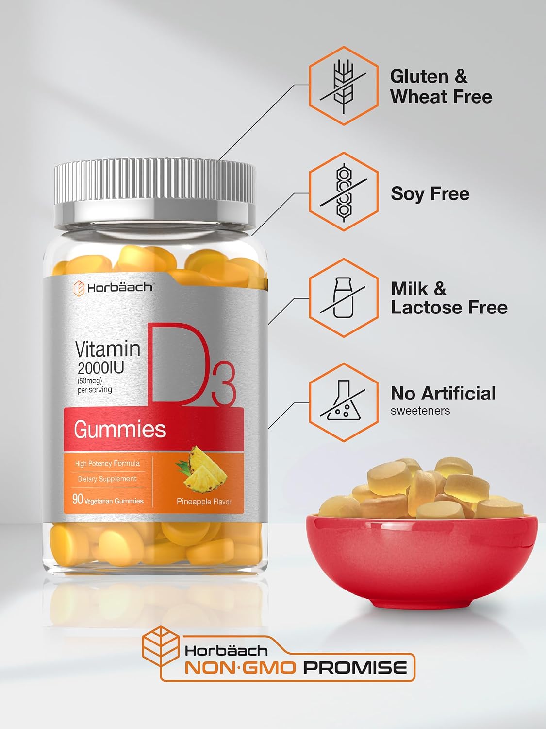 Horbäach Vitamin D3 2000 IU Gummies - Vegetarian, Pineapple Flavour, 90 Count - görsel 5