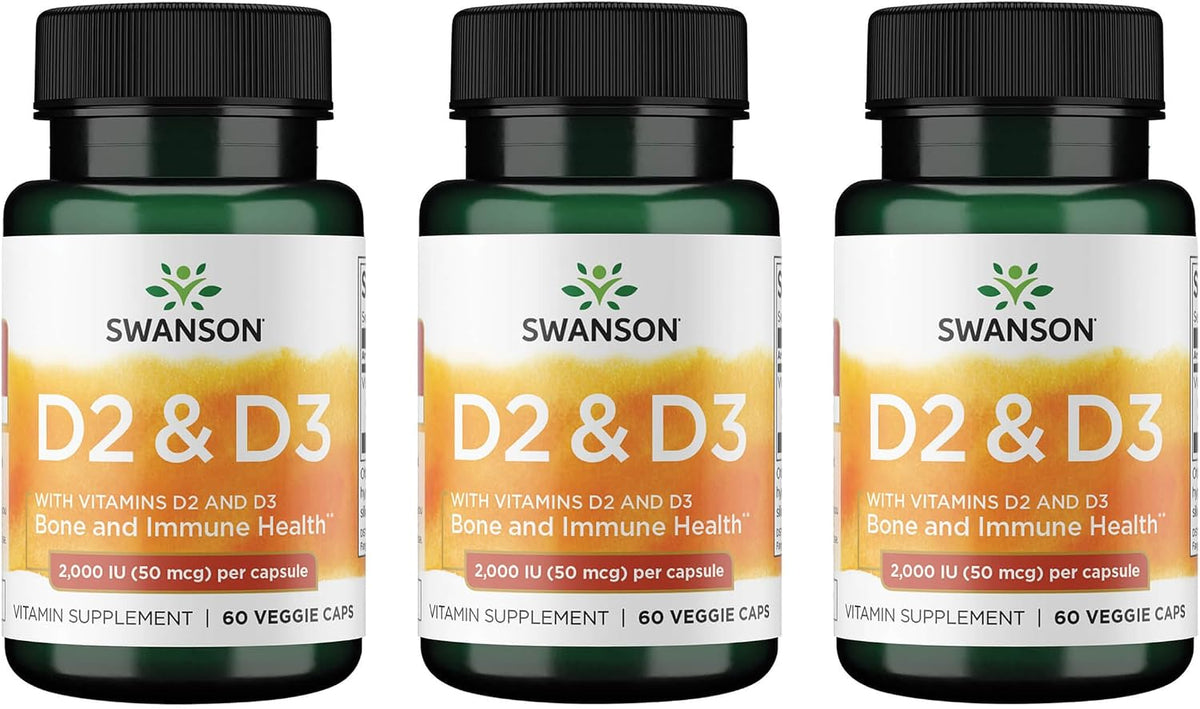 Swanson D2 & D3-2,000 IU – Dental & Bone Health Supplement – Supports Immune Function – Aids Calcium Absorption – Non-GMO – 60 Veggie Capsules (3 Pack) - görsel 1