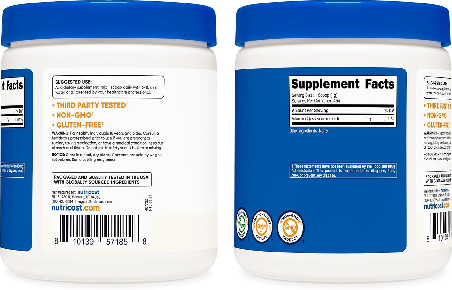 Nutricost Pure Ascorbic Acid Powder (Vitamin C) 454g - görsel 6