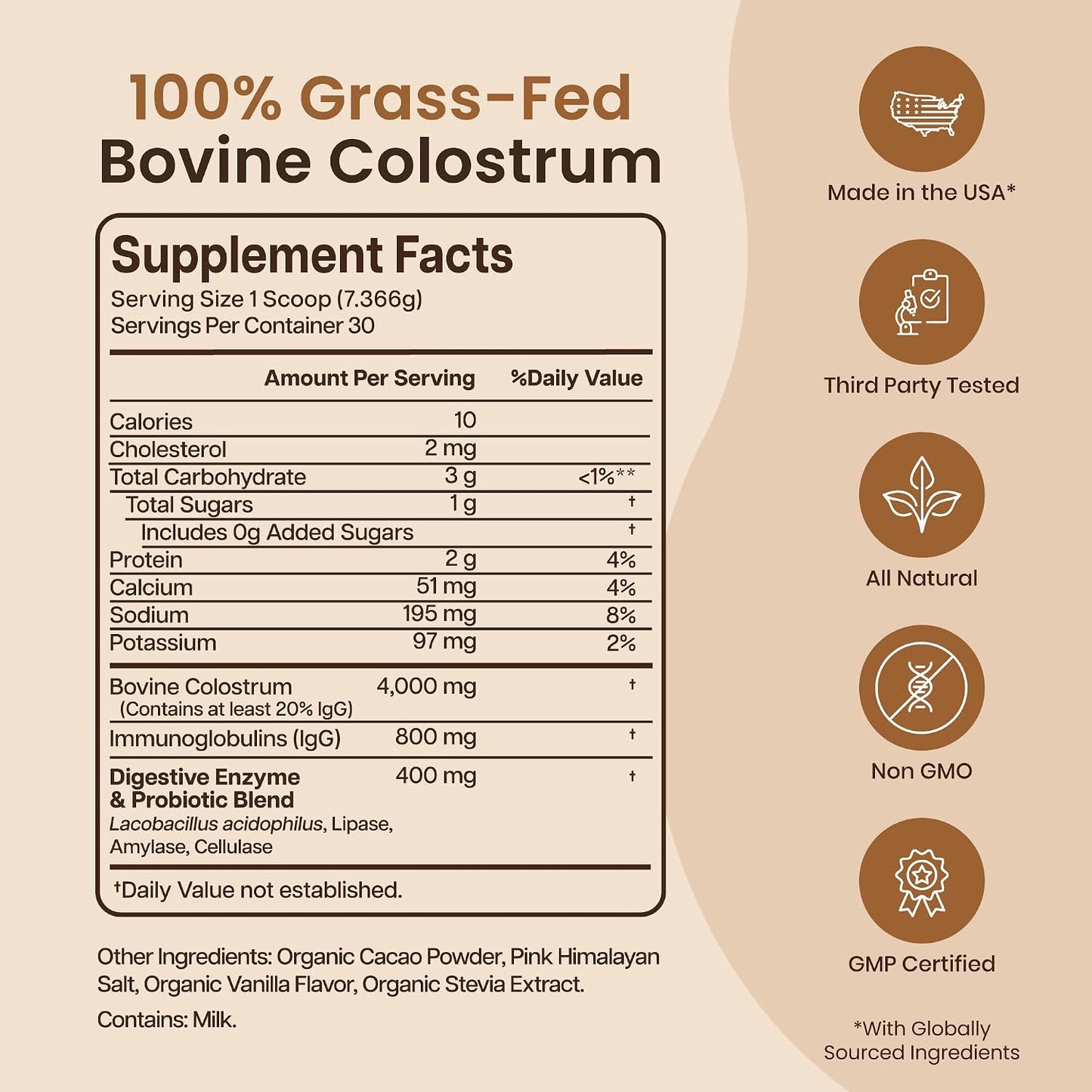 Organic Chocolate 4000mg Grass-fed Bovine Colostrum Powder + Probiotics with Immunoglobulins – 220.98g - görsel 5