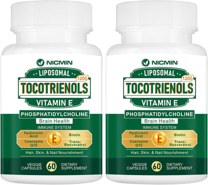NICMIN Liposomal Vitamin E Tocotrienols 1200mg - High Absorption Formula with Phosphatidylcholine, CoQ10, and Hyaluronic Acid - 120 Capsules
