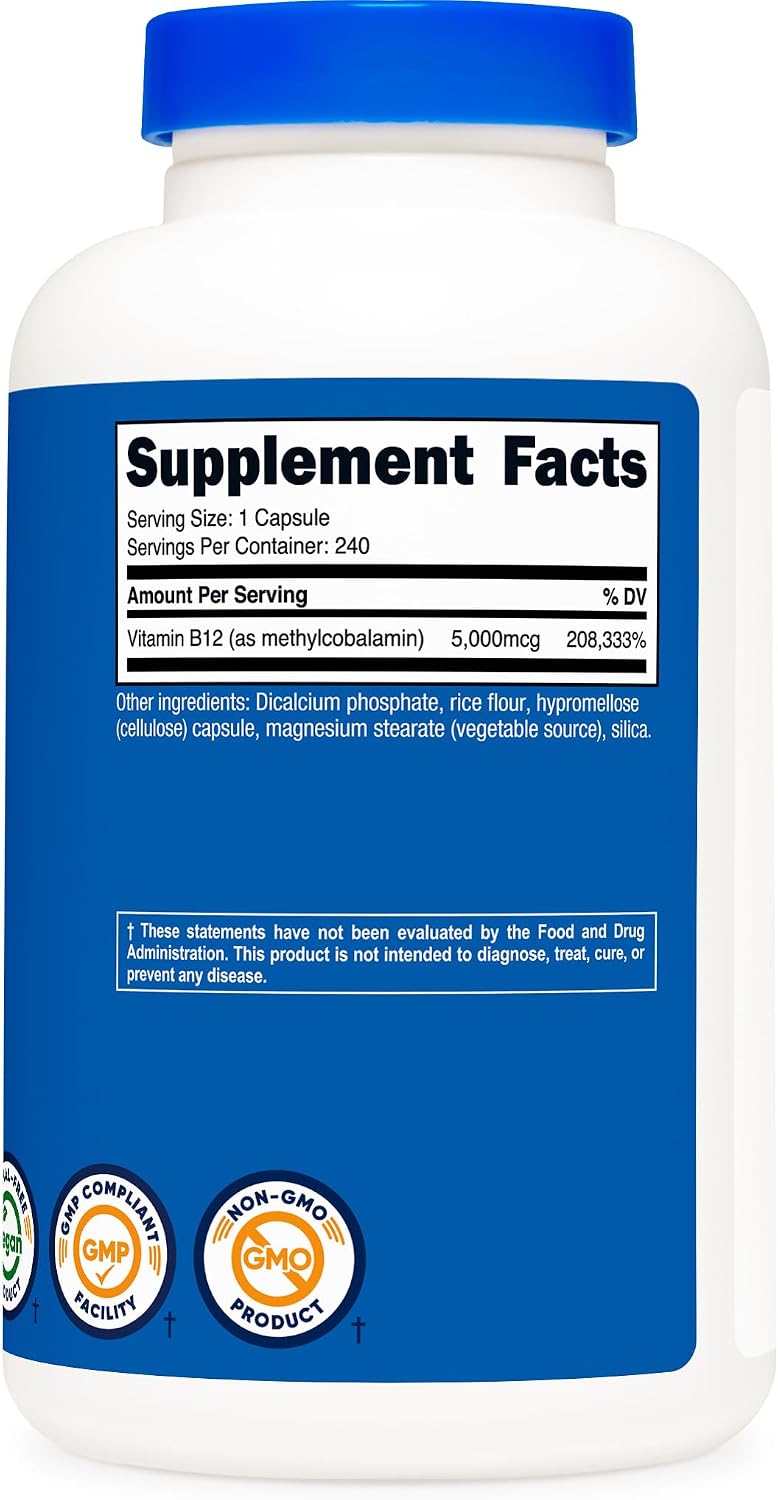 Nutricost Vitamin B12 (Methylcobalamin) 5000µg - 240 Vegetarian Capsules, Non-GM, Gluten-free - görsel 4